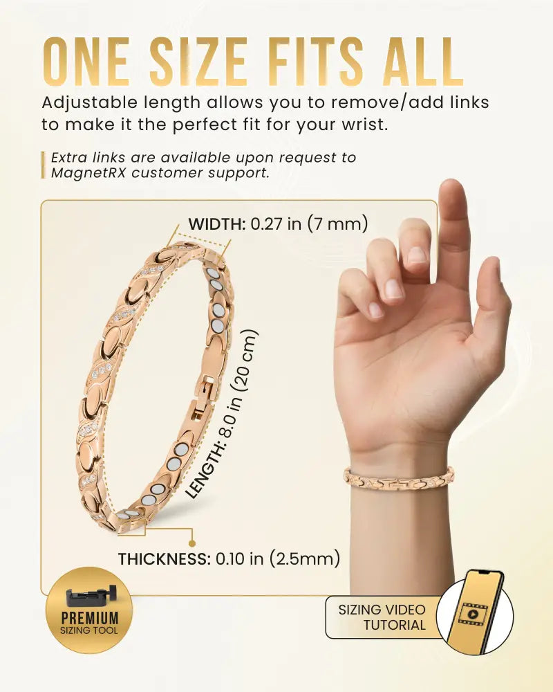 Women’s rose gold magnetic therapy bracelet with interlocking links and embedded crystals for stylish wellness