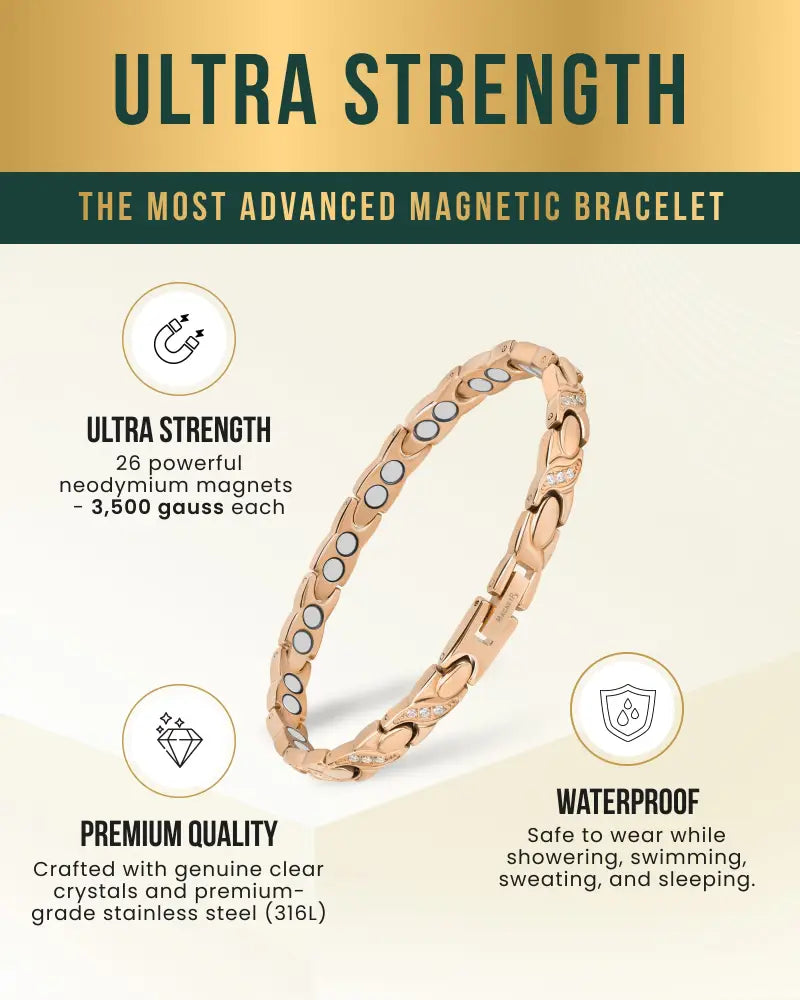 Women’s rose gold magnetic crystal xo link bracelet with 26 neodymium magnets and clear crystals in stainless steel