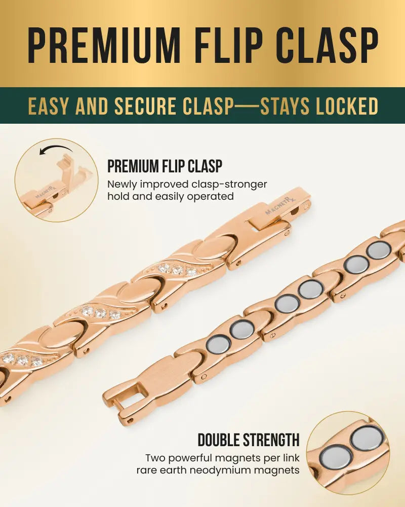 Women’s rose gold magnetic crystal xo link bracelet featuring diamond accents and a premium flip clasp closure