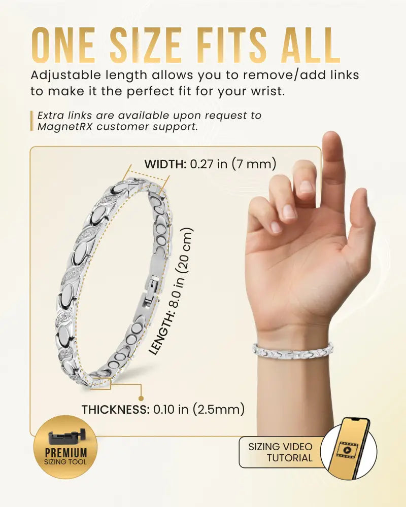 Women’s silver crystal xo neodymium magnetic bracelet with silver-toned interlocking link design and adjustable length