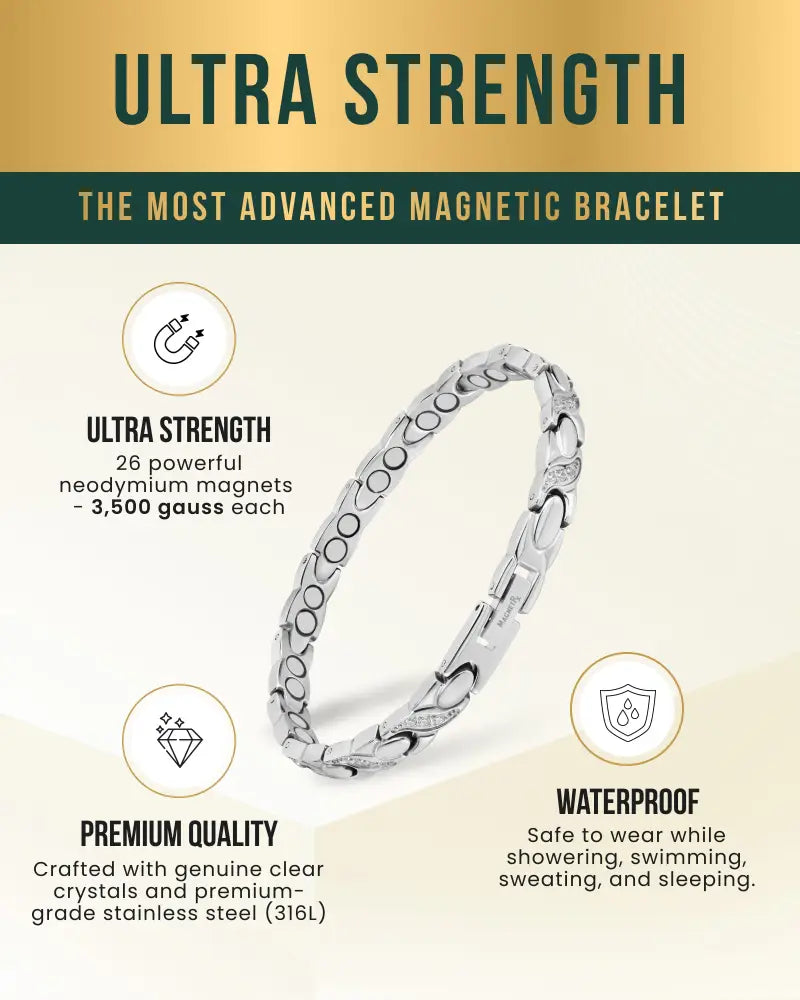 Women’s silver crystal xo neodymium magnetic bracelet with sleek interlocking design and 26 powerful magnets