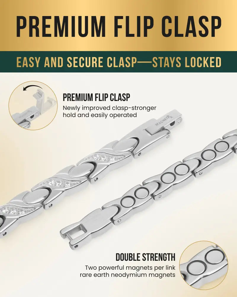 Women’s silver crystal xo neodymium magnetic bracelet with silver-toned interlocking chain and embedded clear crystals