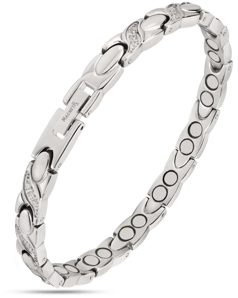 Women’s silver crystal xo neodymium magnetic bracelet with alternating oval and circular links featuring clear crystals