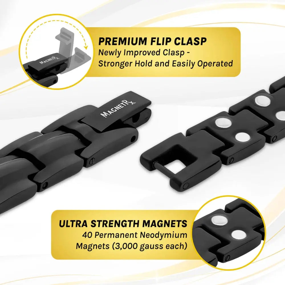 Women’s ultra strength black titanium magnetic bracelet with sleek interlocking links and premium flip clasp
