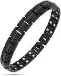 Women’s ultra strength black titanium magnetic bracelet with sleek interlocking links and embedded white circular magnets