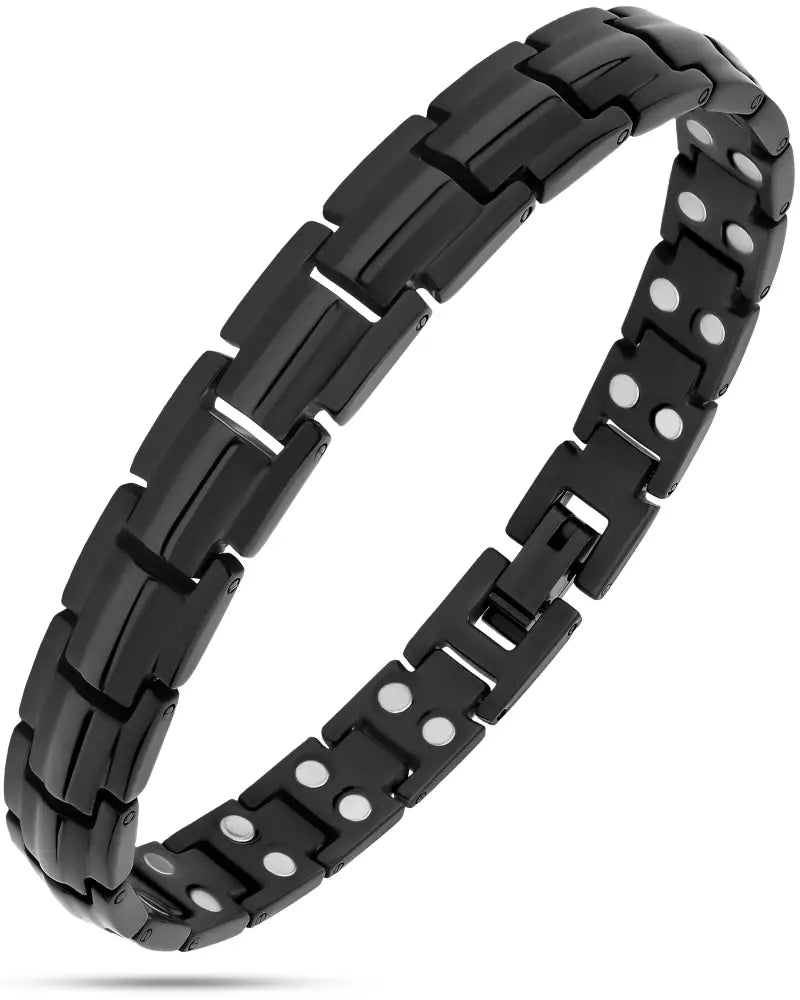 Women’s ultra strength black titanium magnetic bracelet with sleek interlocking links and embedded white circular magnets