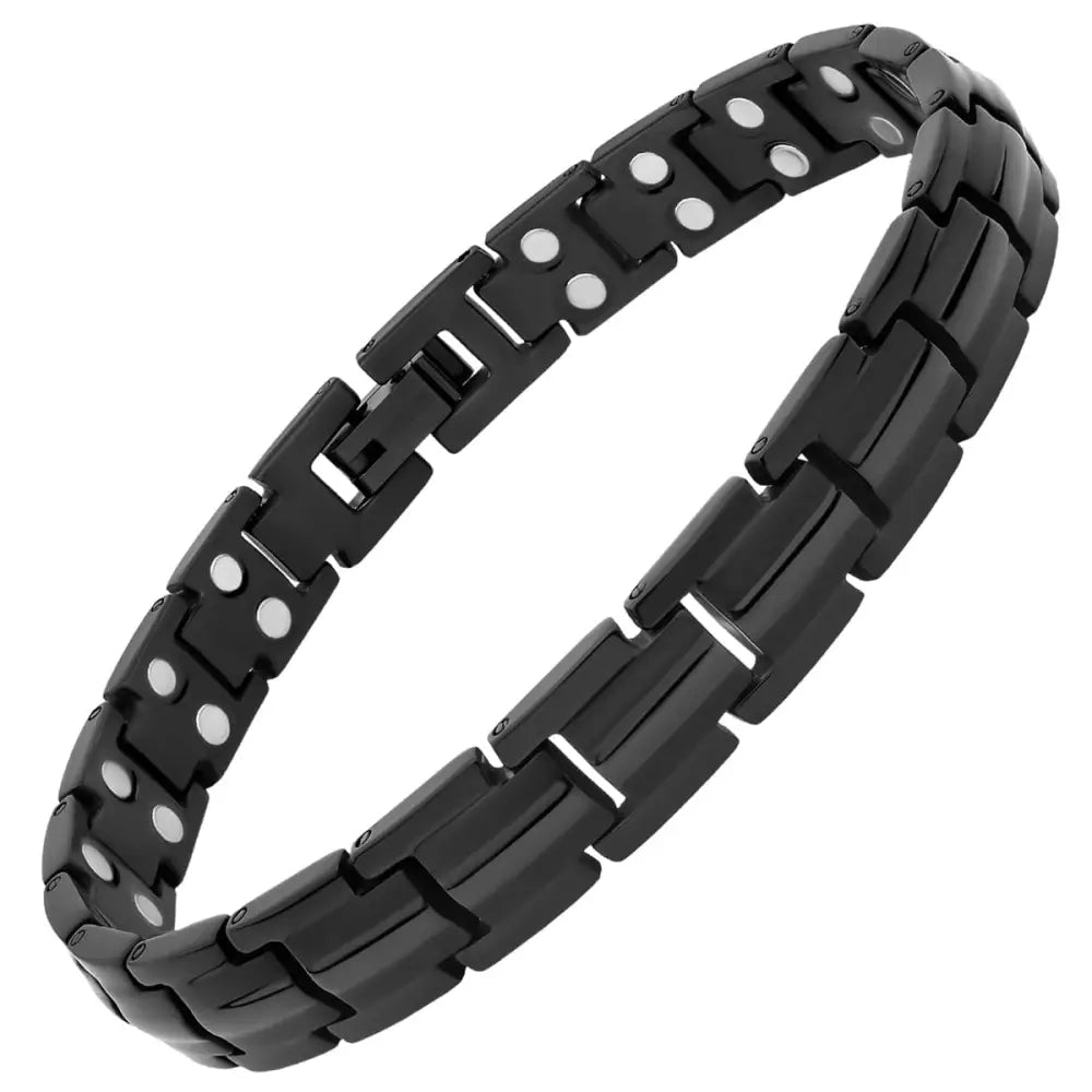 Women’s ultra strength black titanium magnetic bracelet with sleek interlocking links and silver toned circular magnets