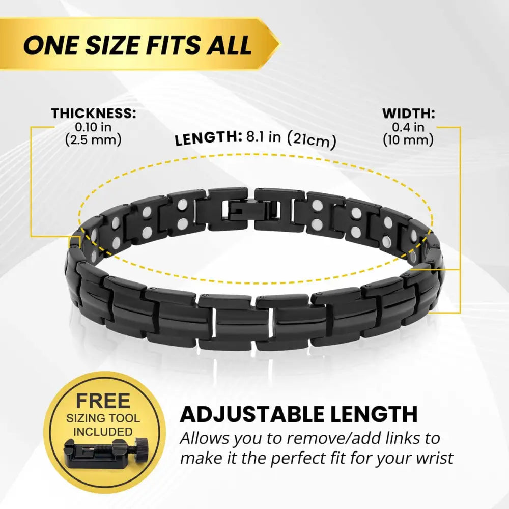 Women’s ultra strength black titanium magnetic bracelet with interlocking links and silver toned circular accents