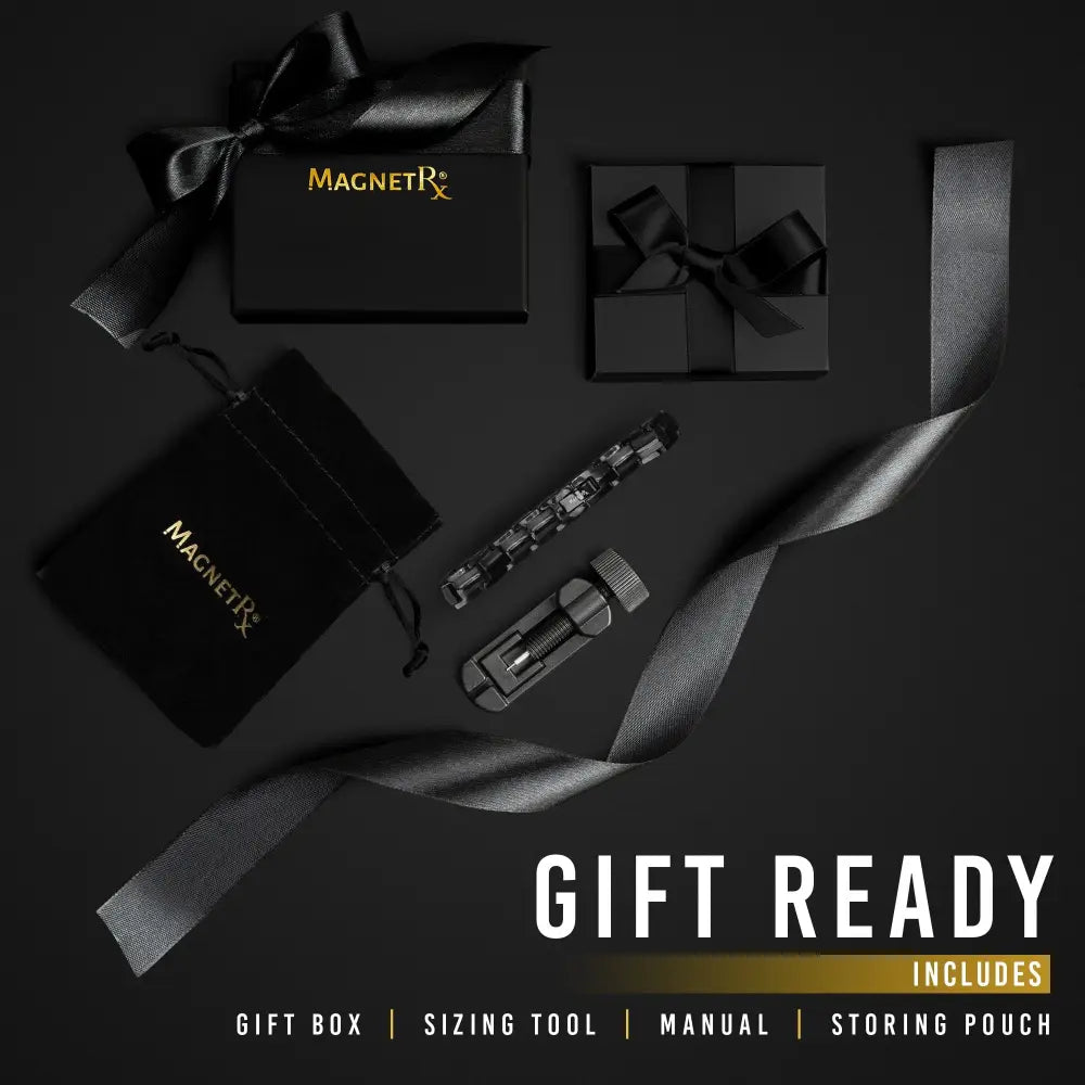 Women’s ultra strength black titanium magnetic bracelet with sleek metallic chain design and adjustable sizing tool