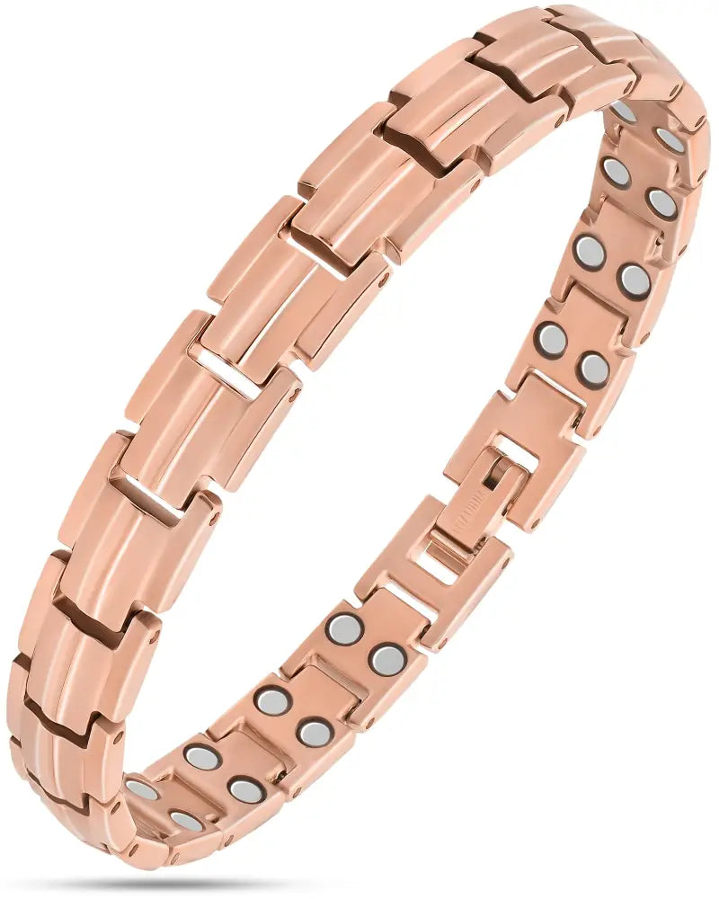 Rose gold titanium magnetic therapy bracelet with interlocking rectangular links and embedded circular magnets