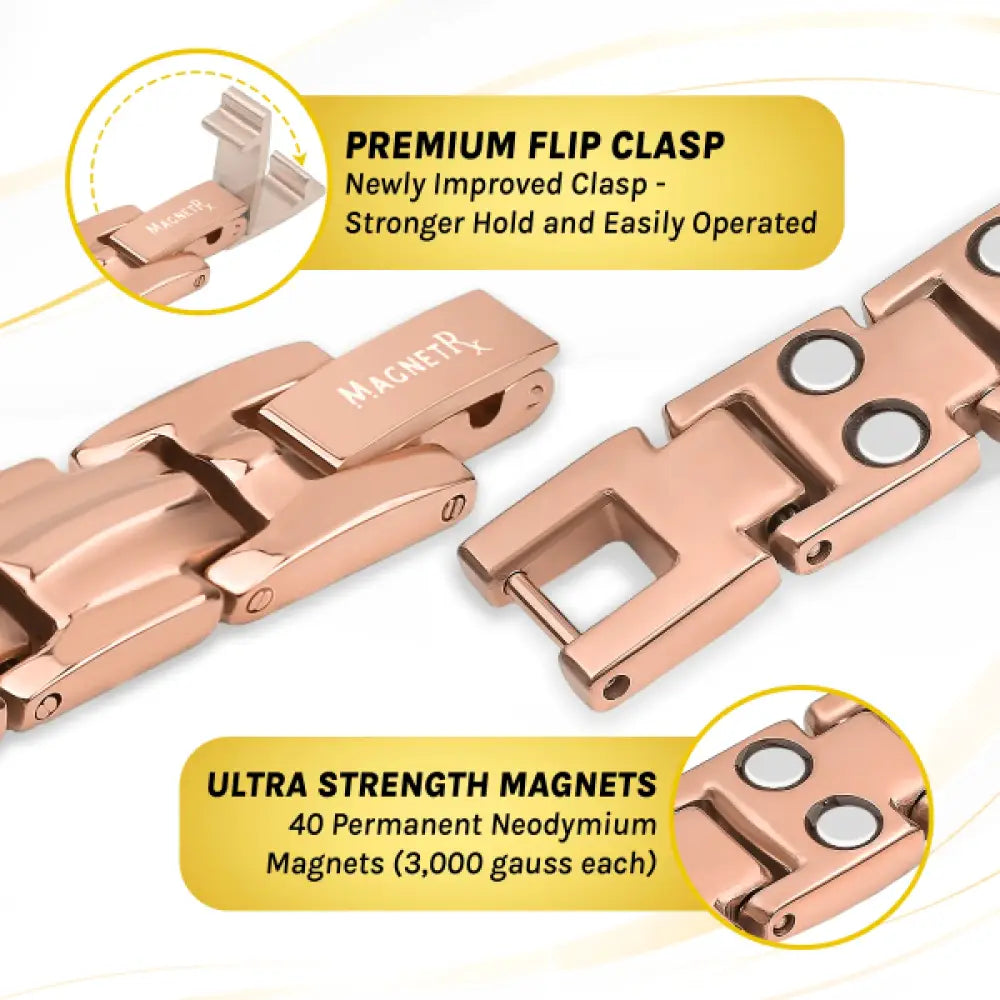 Rose gold titanium magnetic therapy bracelet with 40 permanent neodymium magnets and a premium flip clasp