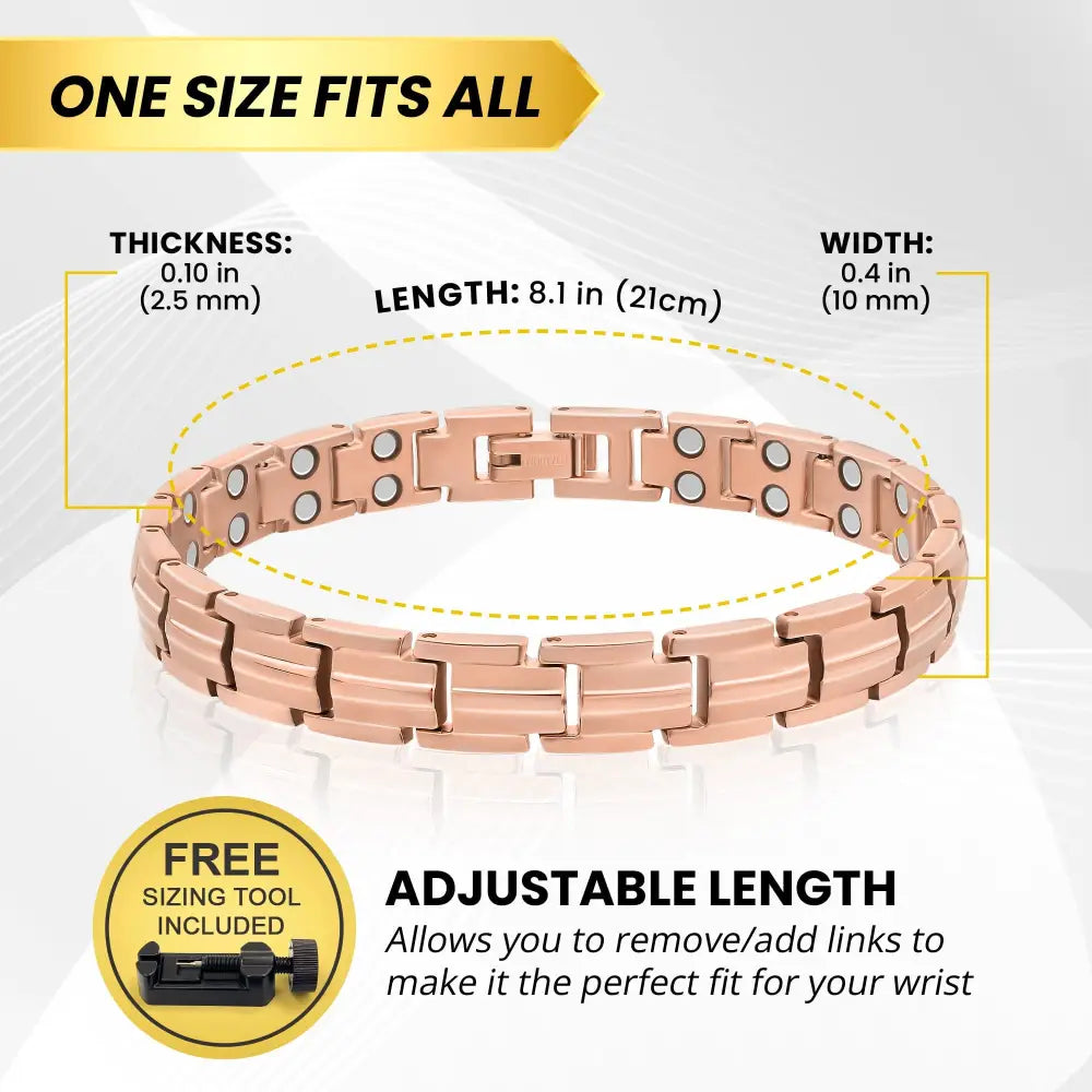Rose gold titanium magnetic therapy bracelet with interlocking links and embedded circular magnets for pain relief