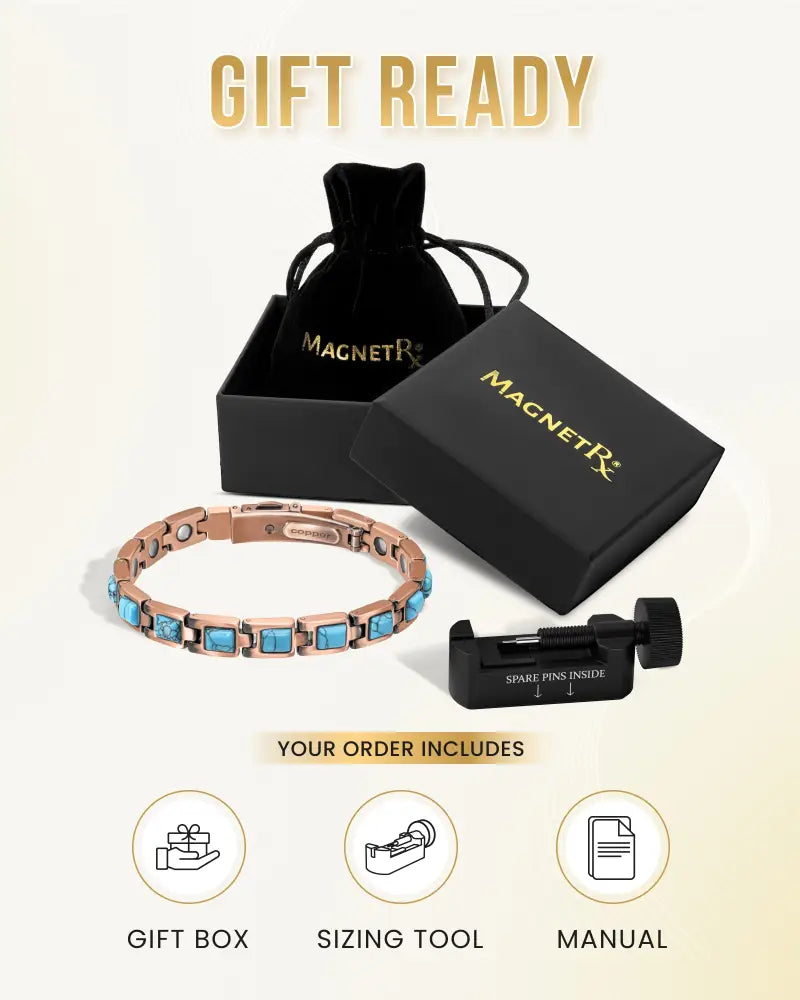 Rose gold pure copper magnetic bracelet with turquoise stone inlays showcasing elegant and therapeutic design