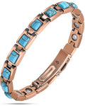 Rose gold pure copper magnetic bracelet with rectangular turquoise stone inlays and a sleek interlocking design