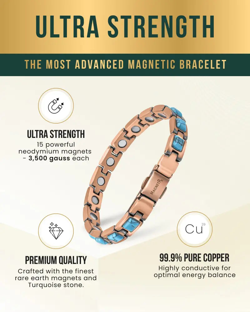 Rose gold pure copper magnetic bracelet with turquoise stones and 15 powerful neodymium magnets for wellness