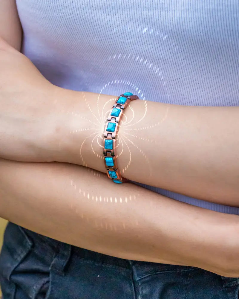 Rose gold pure copper turquoise magnetic bracelet featuring turquoise and copper-toned square stone inlays