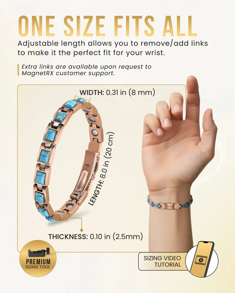 Rose gold pure copper magnetic therapy bracelet with turquoise blue square stones in an adjustable link design