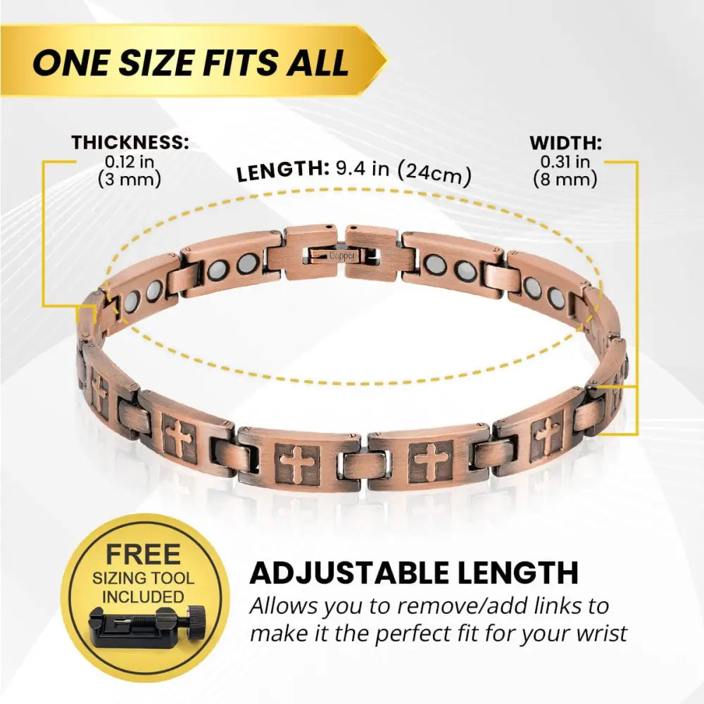 Rose gold cross engraved ultra strength copper magnetic bracelet with interlocking links and embedded circular magnets