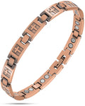 Rose gold cross engraved ultra strength copper magnetic bracelet with circular magnets and rose gold tone links