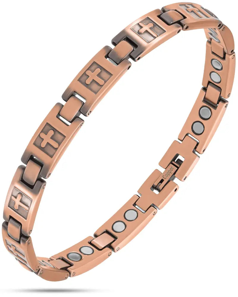 Rose gold cross engraved ultra strength copper magnetic bracelet with circular magnets and rose gold tone links