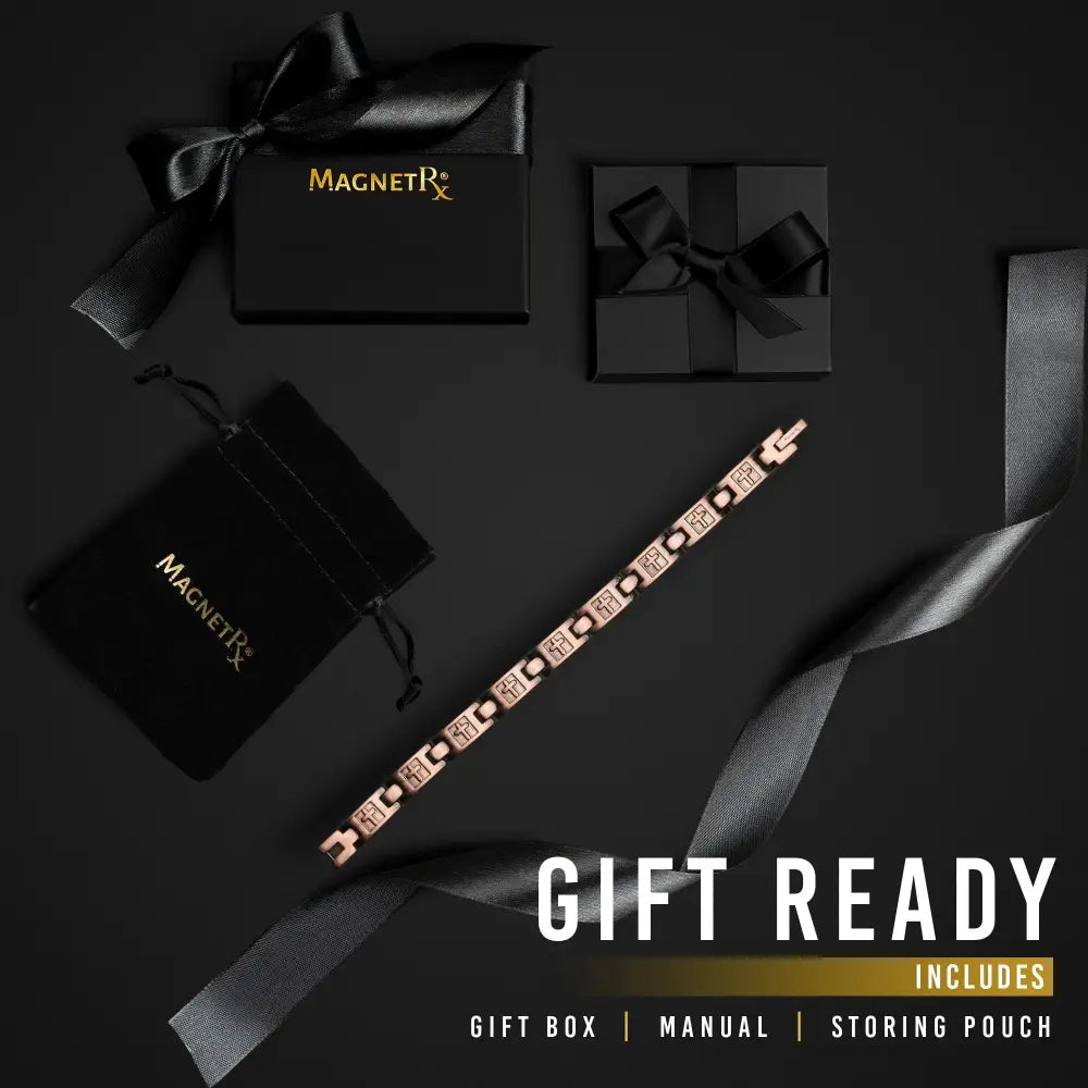 Rose gold magnetic bracelet with interlocking rectangular copper links and engraved magnetrx branding for ultra strength