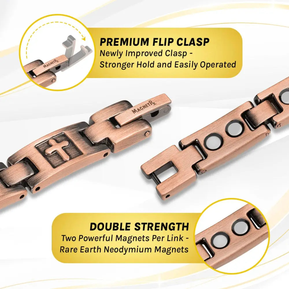 Rose gold cross engraved ultra strength copper magnetic bracelet with copper-toned circular magnet links