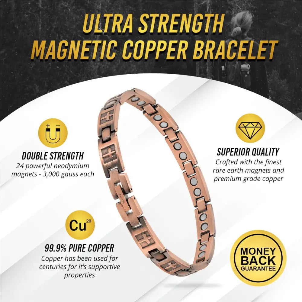 Rose gold cross engraved ultra strength copper magnetic bracelet with interlocking links and embedded neodymium magnets