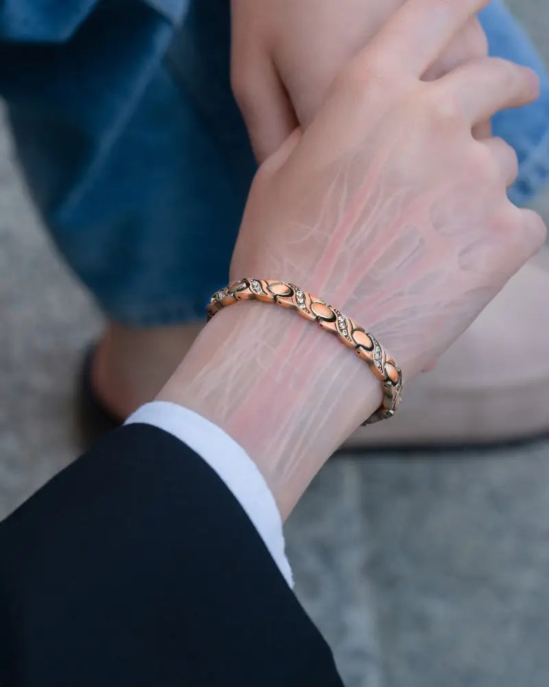Rose gold pure copper magnetic crystal bracelet with oval links and clear stones featuring neodymium magnets