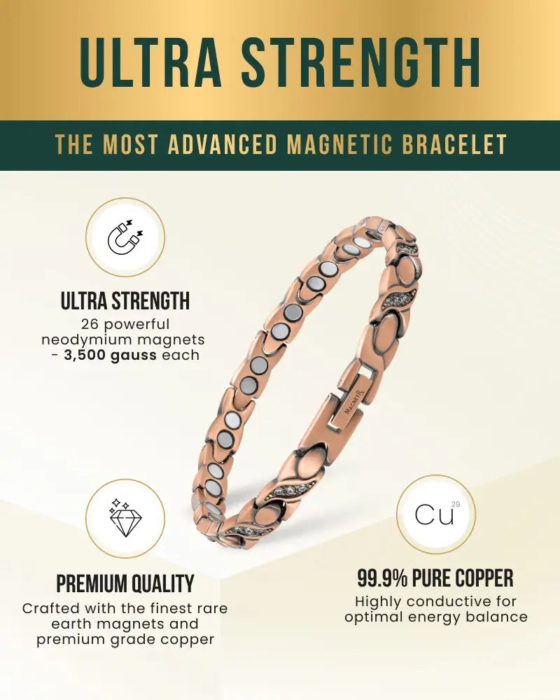 Rose gold magnetic bracelet made of pure copper with 26 neodymium magnets and copper links for pain relief