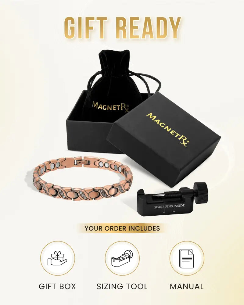 Rose gold pure copper magnetic crystal bracelet with oval links and stones in a black gift box with accessories