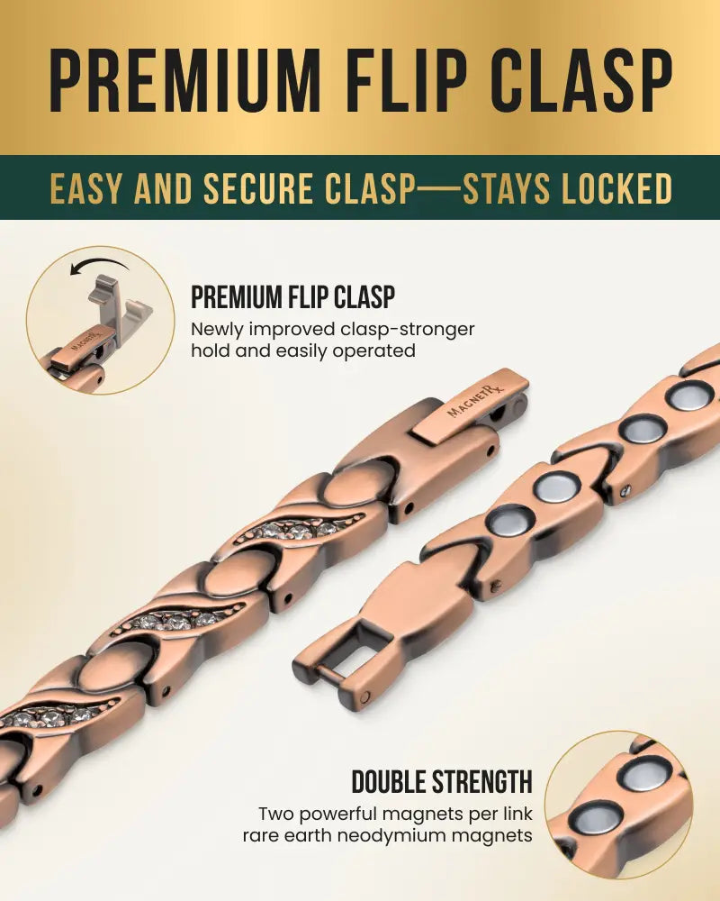 Rose gold pure copper magnetic crystal bracelet with interlocking links and premium flip clasp featuring clear crystals