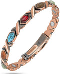 Rose gold-toned women’s ultra strength mixed stone copper magnetic bracelet with hexagonal links and embedded turquoise red brown stones