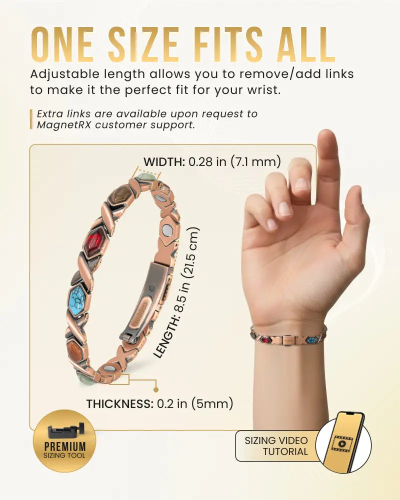 Rose gold-toned women’s ultra strength copper magnetic bracelet with alternating red and blue gemstone accents