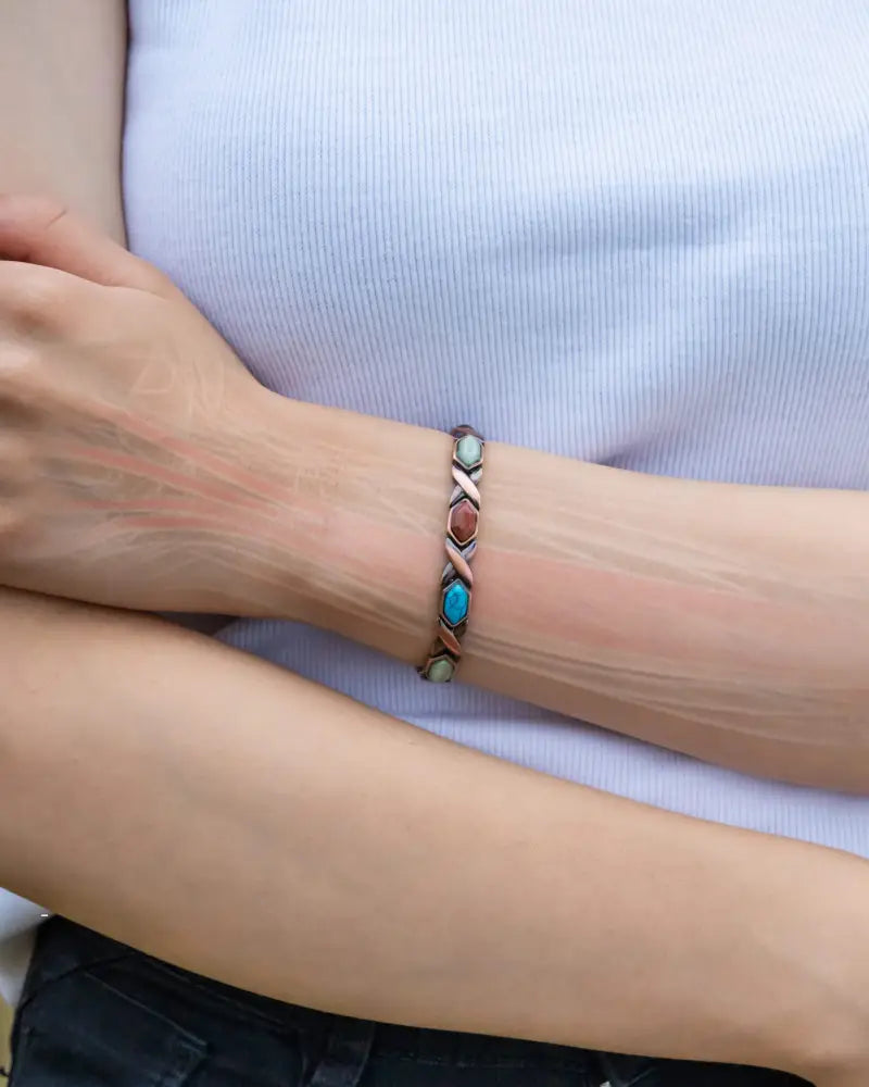 Women’s ultra strength mixed stone copper magnetic bracelet with braided turquoise and reddish-brown stones in twisted pattern