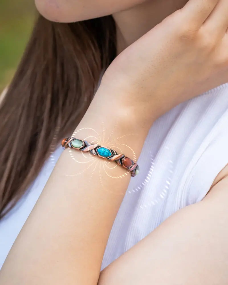 Women’s ultra strength mixed stone copper magnetic bracelet with twisted design and five oval turquoise jade and red-orange stones
