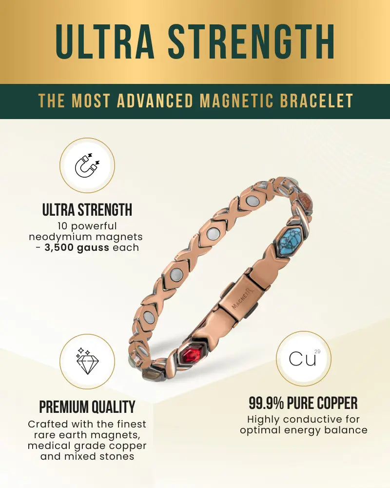 Rose gold women’s ultra strength mixed stone copper magnetic bracelet with interlocking links and red and blue gemstones