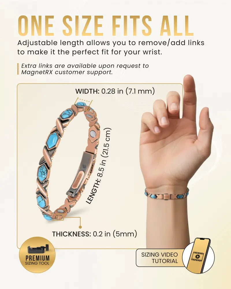 Women’s ultra strength pure copper magnetic bracelet in rose gold tone with turquoise stone inlays and adjustable design