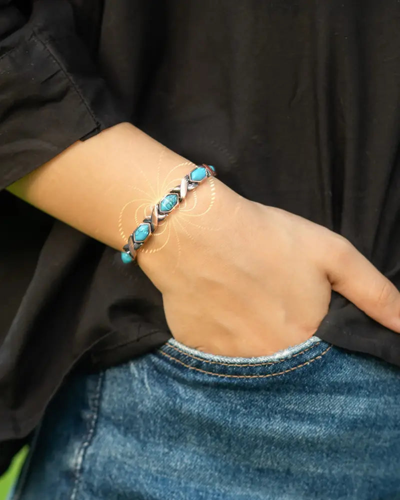 Women’s ultra strength pure copper magnetic bracelet with silver-toned braided design and five oval turquoise stones