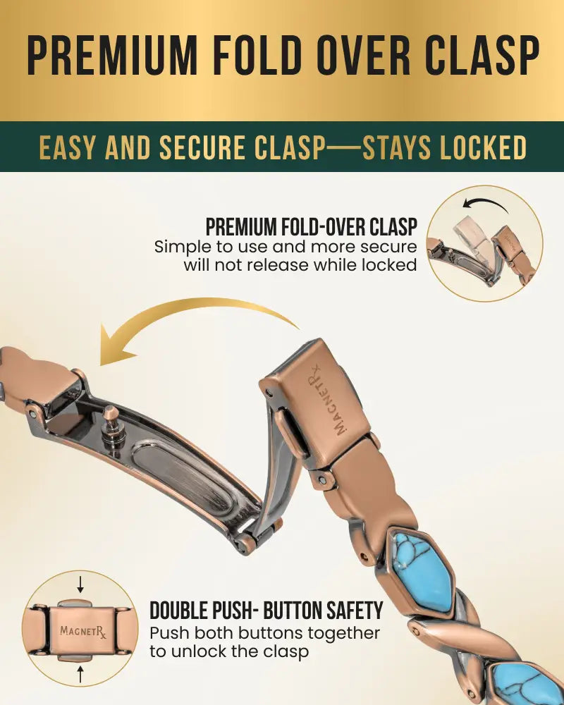 Women’s ultra strength pure copper bracelet in rose gold tone with turquoise stone inlays and fold-over clasp