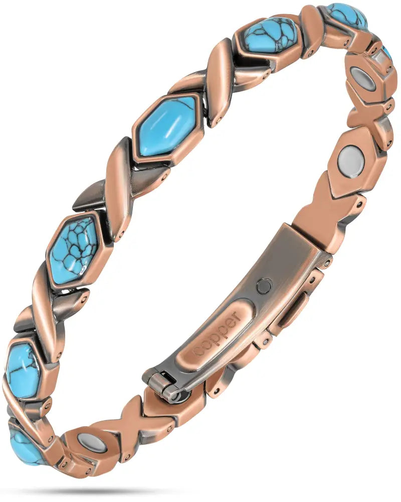 Copper-toned women’s ultra strength magnetic bracelet with vibrant turquoise stones in a braided design