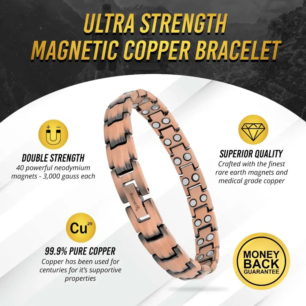 Rose gold pure copper magnetic therapy link bracelet with interlocking links and embedded neodymium magnets