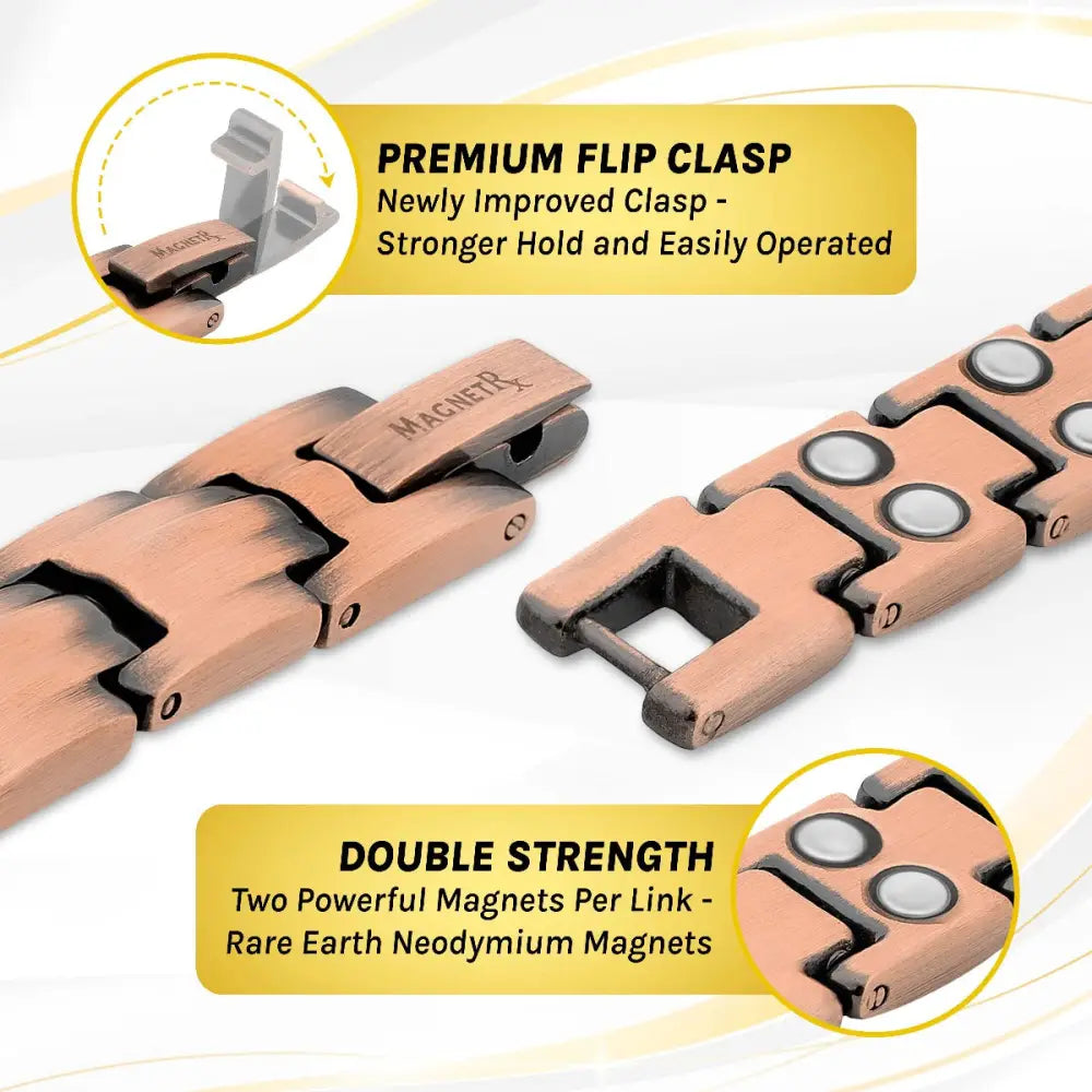 Rose gold pure copper magnetic therapy link bracelet with copper tone, premium flip clasp, and double-strength neodymium magnets