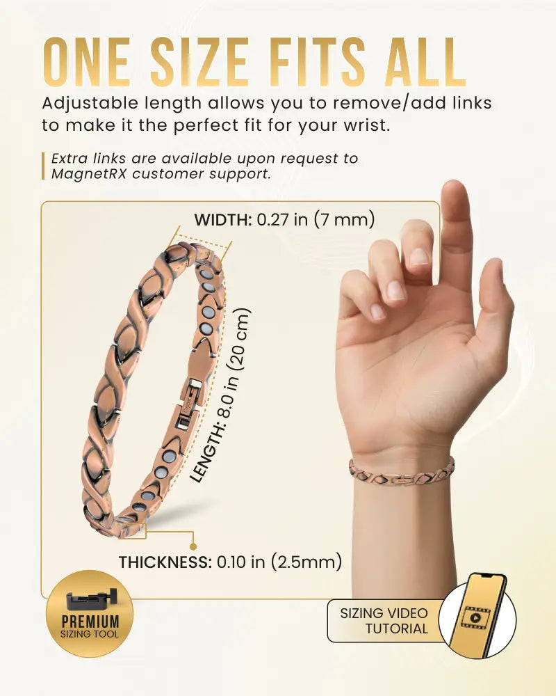 Rose gold braided pure copper magnetic therapy bracelet with interlocking links and embedded circular magnets