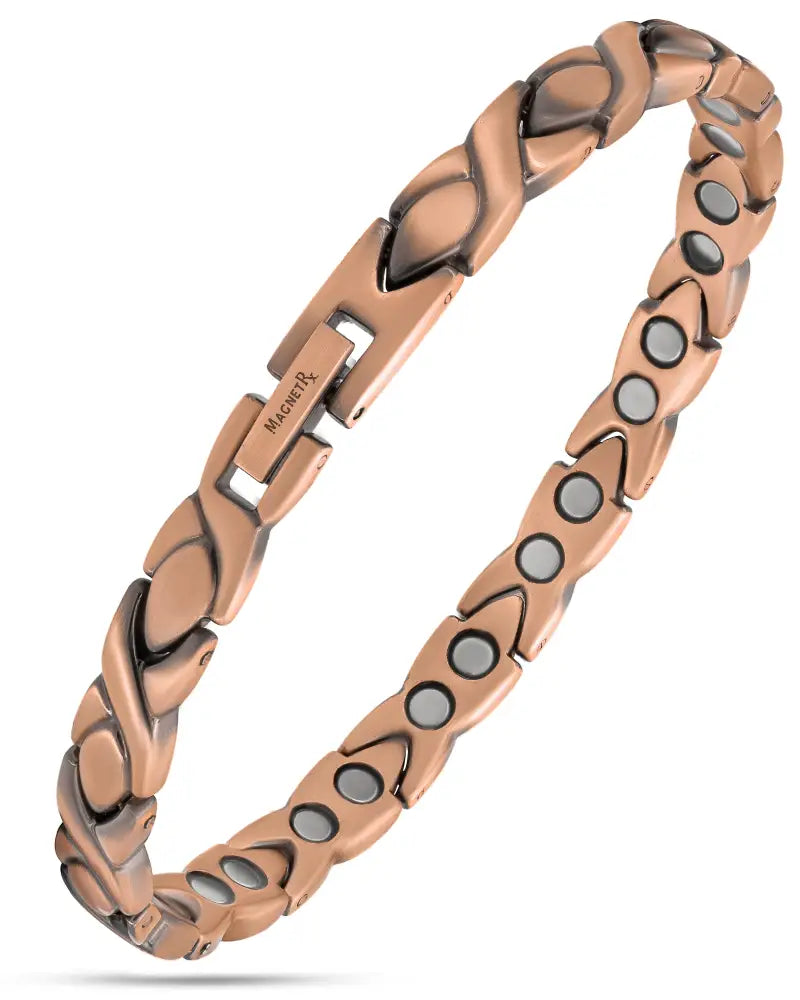 Rose gold braided pure copper magnetic therapy bracelet with interlocking leaf links and engraved sleek clasp