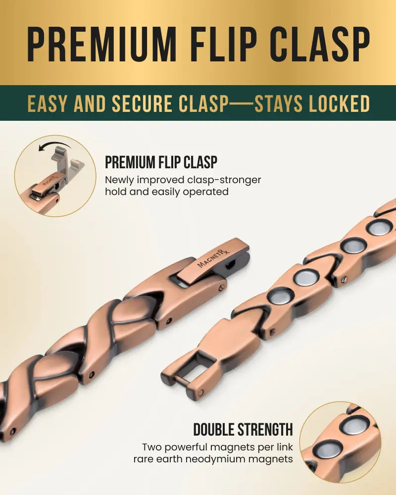 Rose gold braided pure copper magnetic therapy bracelet with copper-toned interlocking links and premium flip clasp