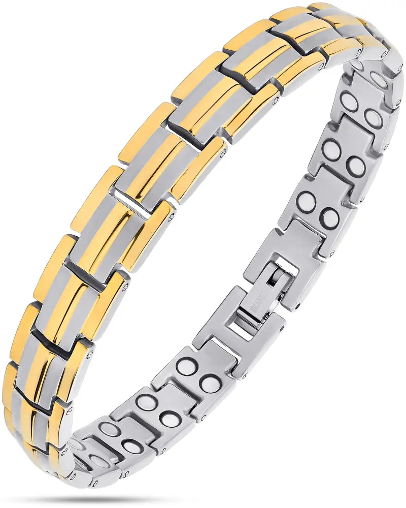 Two tone titanium ultra strength magnetic bracelet with alternating gold and silver links and circular magnet inlays