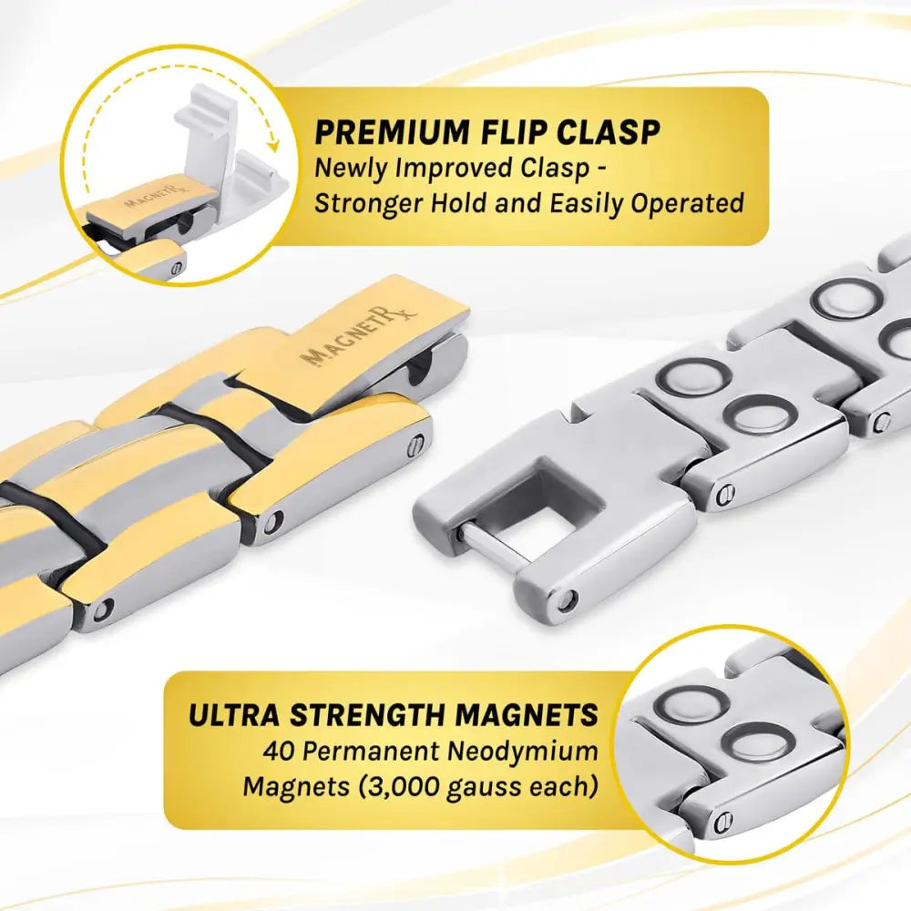 Two tone titanium ultra strength magnetic bracelet with gold and silver two-tone magnetic watch bracelet and premium flip clasp