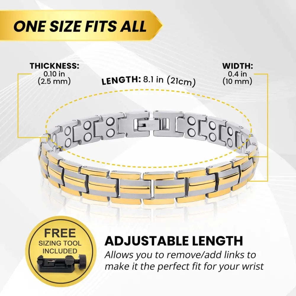 Two tone titanium ultra strength magnetic bracelet in stainless steel with alternating silver and gold links