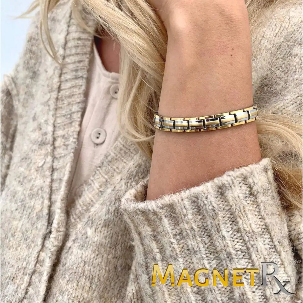 A sleek two-tone titanium ultra strength magnetic bracelet with alternating gold and silver links worn on a wrist