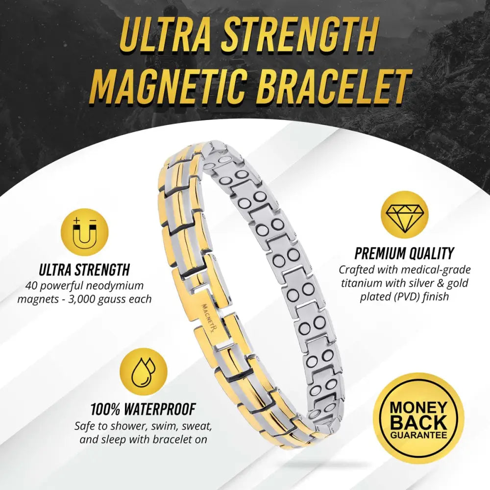 A sleek two tone titanium ultra strength magnetic bracelet with alternating silver and gold plated links and neodymium magnets